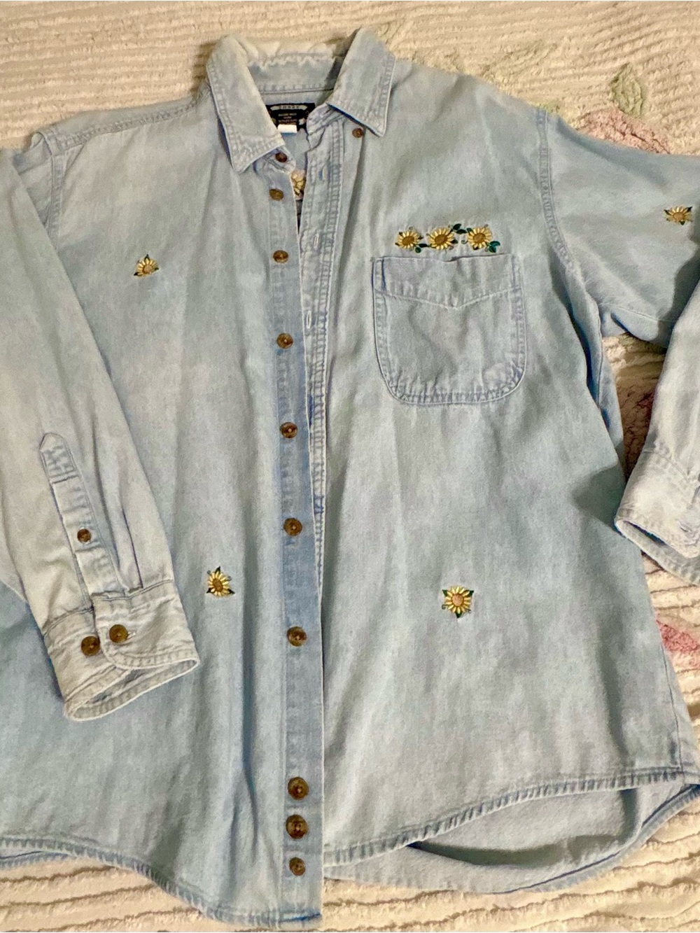 Three Rivers Light Blue Embroidered Daisy Denim Shirt